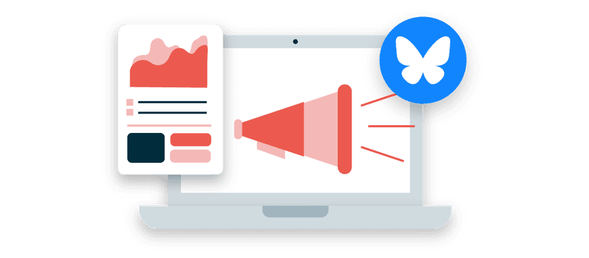 Illustration of a computer screen showing a content card with coral and blue icons, featuring a megaphone and butterfly symbol