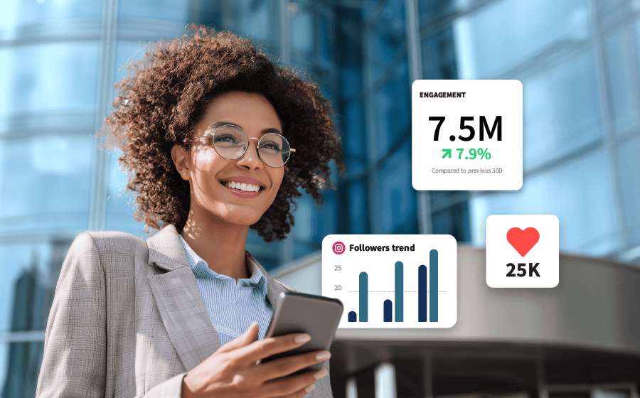 Woman holding phone surrounded by charts and graphs