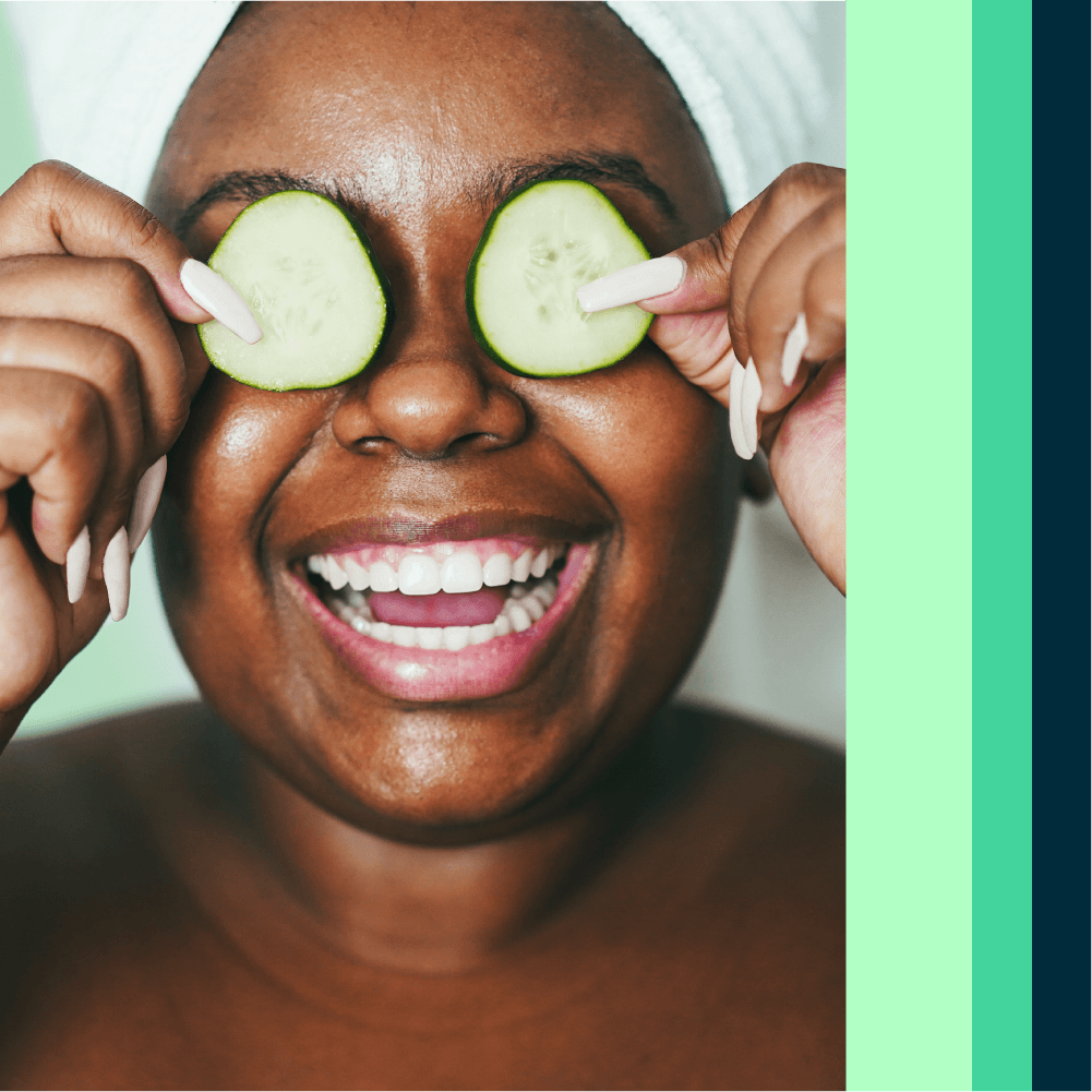 Person wearing cucumber over their eyes